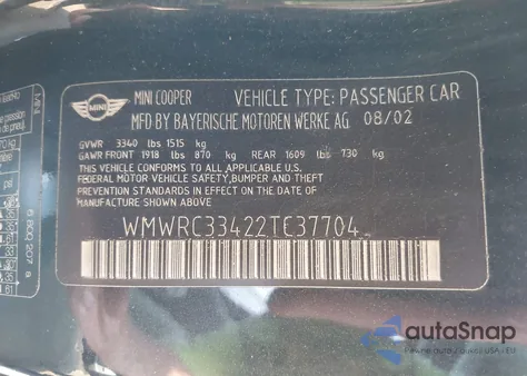 2002 Mini Cooper из США, поврежденный, VIN WMWRC33422TC37704